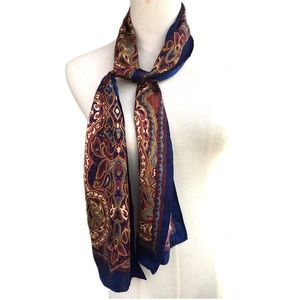 Paisley Indian Floral Scarf 53" x 1 0" Long Rectangle Blue Brown Imperfections